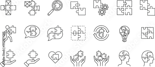 Puzzle Piece Line Icon Set Representing Problem Solving, Teamwork, Creativity, Psychology, Strategy, Thinking Process, and Business Concept Symbols
