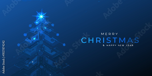 A futuristic blue christmas tree with a merry christmas greeting