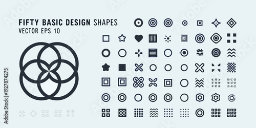 Fifty basic design shapes vector illustration with various geometric forms