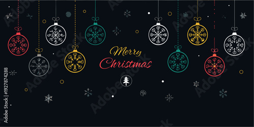 Colorful christmas ornaments and snowflakes hang above a festive greeting