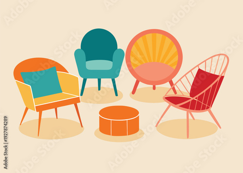 Four modern and bohemian outdoor chairs with a round ottoman on a light beige background.