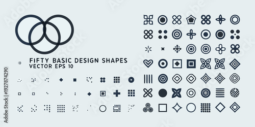 Collection of fifty basic vector design shapes in dark blue tones