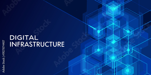 Abstract blue geometric background with digital infrastructure text overlay