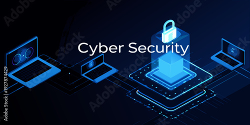 Cyber security concept with glowing laptops padlock and network connections