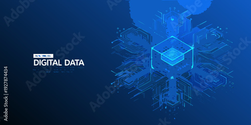 Abstract digital network with glowing hexagonal and cubic structures