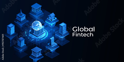 Isometric illustration of a futuristic cityscape with a global fintech theme