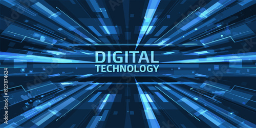 Abstract digital technology background with radiating blue light streaks