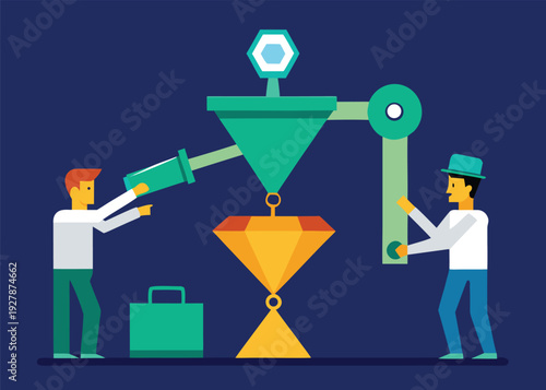 Two professionals collaboratively operate a robotic arm mechanism to precisely place an object onto a large, golden gem.