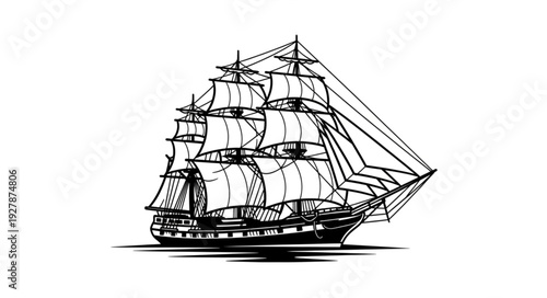 Detailed illustration of a majestic sailing ship with billowing sails on the open sea.