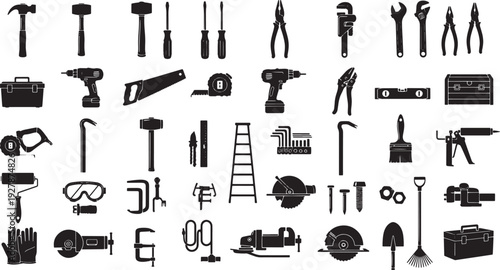 Diverse Collection of Silhouetted Hand Tools and Equipment, Construction and DIY Icons, Vector Set.