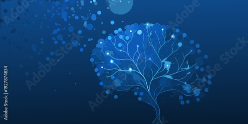 Abstract blue tree with glowing lights and scattered bokeh effects