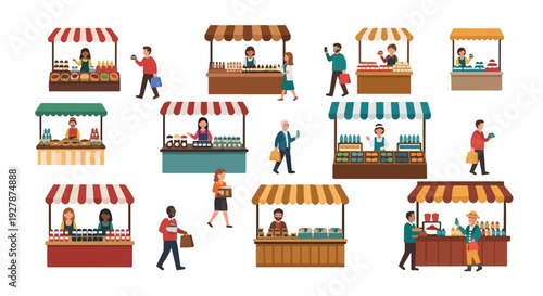 Collection of Street Market Stalls with Vendors and Shoppers Isolated on White Background