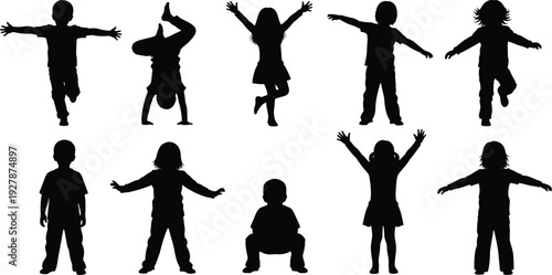 Black silhouettes of happy children set, vector collection of boys and girls playing, jumping, and dancing, isolated on white background.