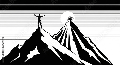 Man stands triumphantly atop mountain peak, arms raised, celebrating success and achievement.