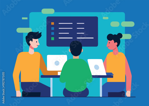 Three software developers collaborate around a desk, working on laptops and reviewing a project board on a large screen.