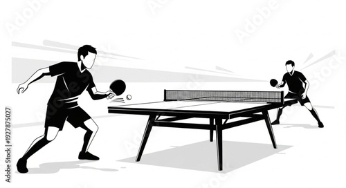 Two athletes engaged in a competitive game of table tennis, focused and determined.