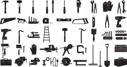 Collection of Hand Tools and Power Tools Silhouettes for Construction, DIY and Repair Projects - Vector Set.