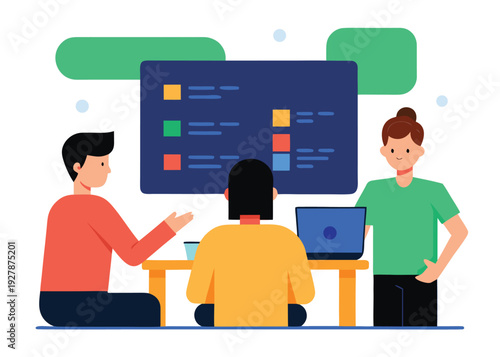 Three software developers collaborate in an office, discussing tasks displayed on a large digital project management board.