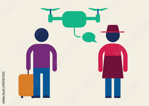A stylized male figure with orange luggage stands next to another person, with a drone and speech bubble above them.