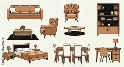 Elegant furniture collection showcasing a variety of home interior design elements for comfortable living spaces.