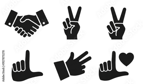 Black hand gesture flat icon collection with handshake peace and love symbols isolated on transparent background