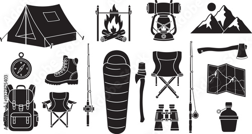 Camping and Outdoor Adventure Gear Icons: Tent, Fire, Backpack, Sleeping Bag, Axe, Map, Compass.