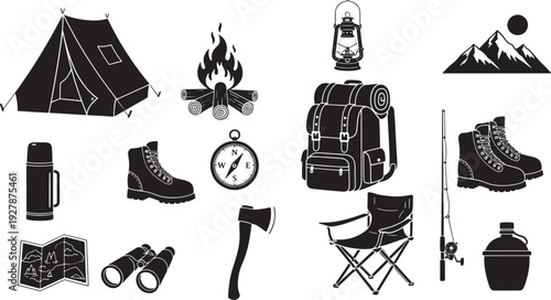 Camping and Hiking Gear Icons: Tent, Backpack, Boots, Compass, Fire, Lantern, Mountains, Axe - Vector Silhouette Set.