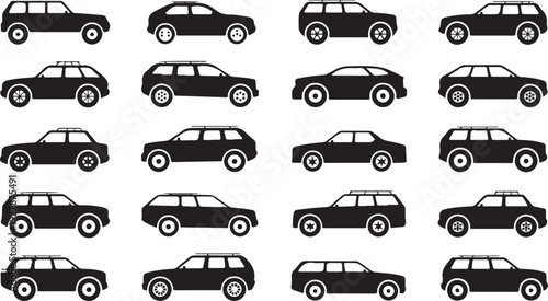 An extensive collection of diverse black car silhouettes featuring different vehicle types and roof rack options