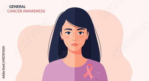 General Cancer Awareness Concept: Woman with Pink Ribbon Symbol of Support, Hope, and Early Detection Vector Illustration