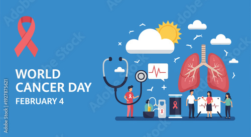 World Cancer Day Banner: February 4th Global Cancer Awareness Illustration with Red Ribbon, Lungs, Medical Staff, and Support Concept.