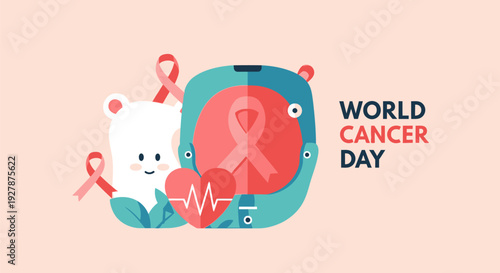 World Cancer Day Vector Illustration. Global Health Awareness Banner with Pink Ribbon, Heart Icon, and Cute Mascot for Support and Hope.