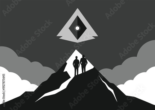 Two silhouetted hikers stand on a rugged mountain peak gazing at a mysterious glowing pyramidal symbol in the dark sky.