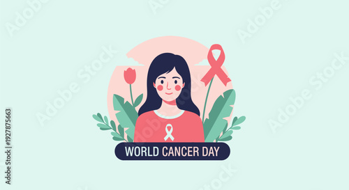 World Cancer Day Awareness Vector. Hopeful Woman with Pink Ribbon Symbolizing Cancer Support, Health, and Global Solidarity Illustration.