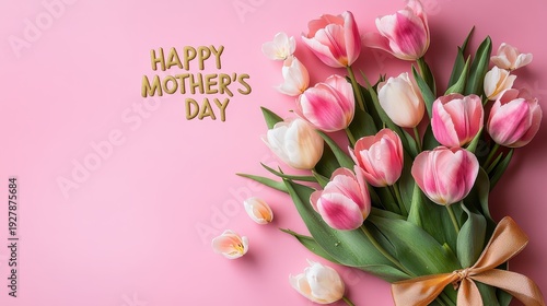 Wallpaper Mural Happy Mother’s Day greeting with pink tulip bouquet on pastel background Torontodigital.ca