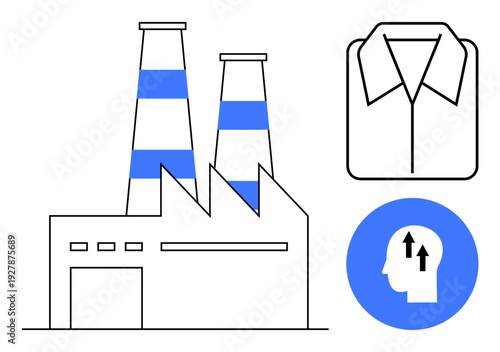 Industrial development. Factory production and labor industrial growth. Industrial processes with human innovation and production goals. For manufacturing, creativity, innovation, workforce, strategy