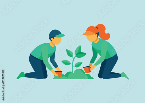 Two gardeners kneel to carefully cultivate a growing plant with small watering pots.