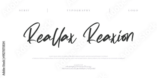 Reallax Reaxion, Script alphabet letters font logo. Typography luxury classic lettering serif italic fonts decorative wedding vintage retro logos. vector illustration
