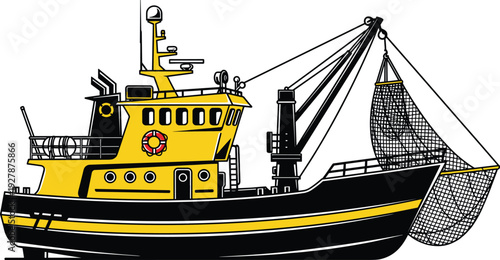 Commercial fishing boat trawler with net isolated on white background, detailed vector illustration of industrial vessel for seafood industry and maritime transport