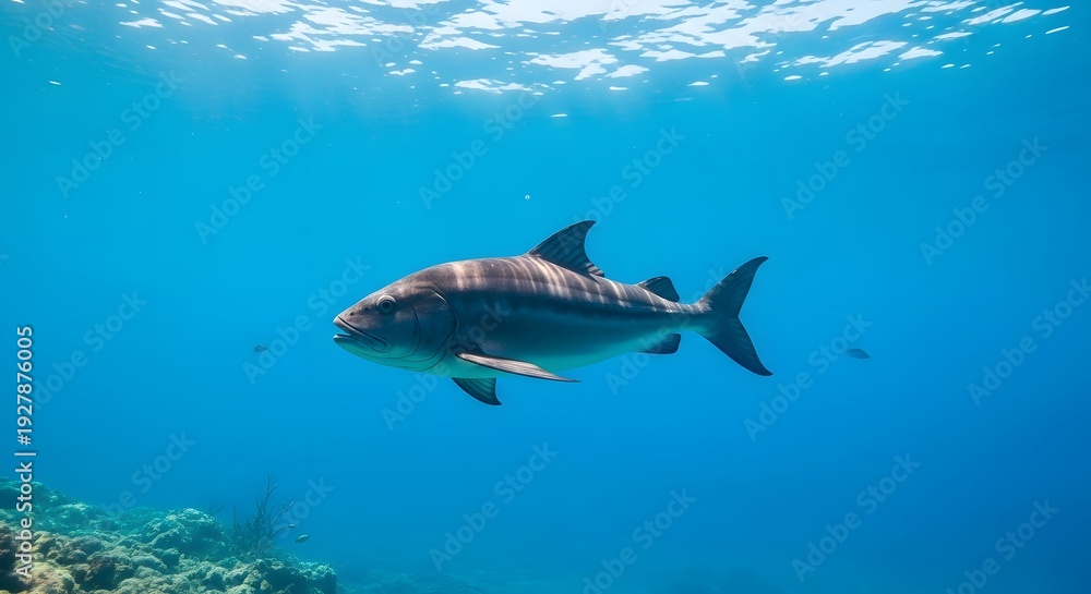 Fototapeta premium A dolphin swimming in the ocean with sunlight shining through the water