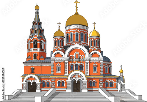Vector illustration of a traditional Russian Orthodox Church with red brick walls, golden domes, intricate white stone carvings, belfry, and grand staircase on white background.