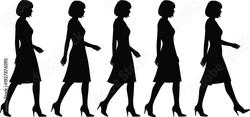 Elegant woman walking silhouette collection isolated on white background, black vector illustration set of female fashion model in high heels