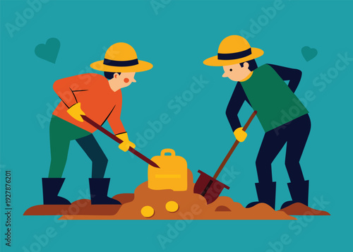 Two treasure hunters dig in the sand with shovels, unearthing a yellow chest and gold coins.