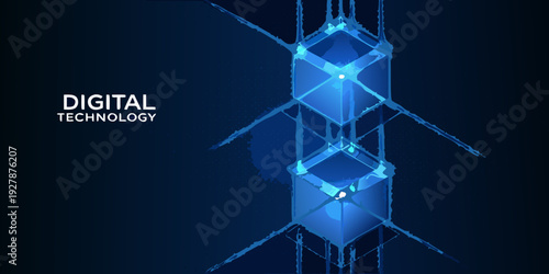 Abstract geometric design featuring glowing blue cubes and digital technology text