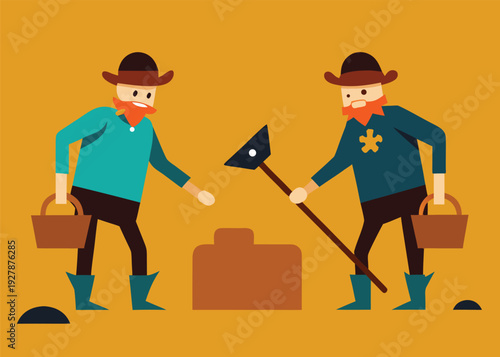 Two bearded treasure hunters dig with a pickaxe and carry baskets near a brown treasure chest.