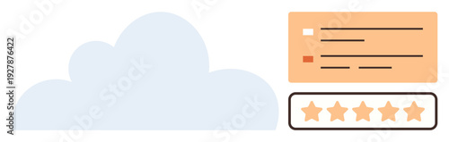 Cloud technology, data storage, customer reviews, user feedback, business analysis, service rating. A cloud icon with a card and star ratings. Cloud technology and customer reviews concepts