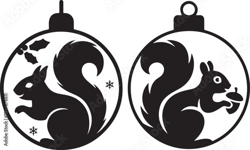 Festive Squirrel Silhouette in a Christmas Bauble with Holly and Snowflakes, Acron