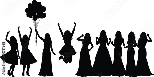 Group of women silhouettes celebrating and dancing in elegant dresses isolated on white background, black vector illustration for party and celebration concepts