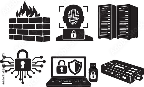 Data Security Infrastructure and Server System Black Silhouette Set