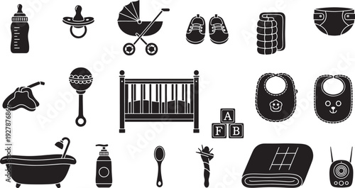 Baby Essentials Icon Set: Nursery Items, Feeding, Playtime & Bath Accessories Collection in Silhouette Style.