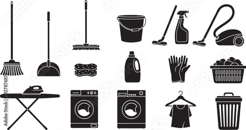 Household Cleaning Supplies and Equipment Collection: Mop, Broom, Vacuum, Washer, Iron, Gloves, and Sprays